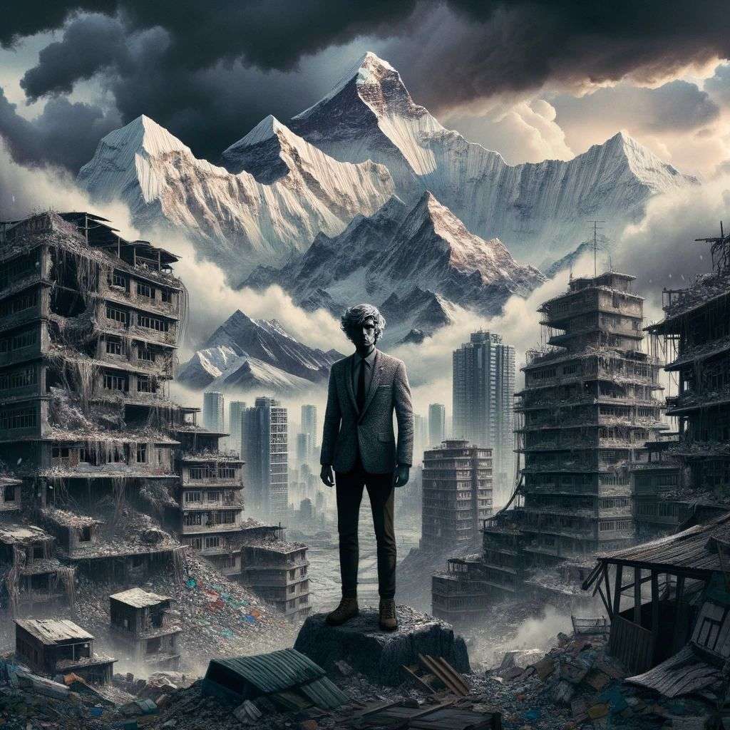 someone gazing at Mount Everest, digital art, dystopia